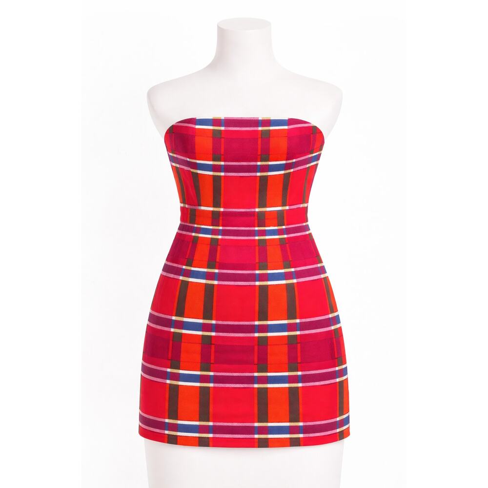 Bodycon Strapless Maximals Dress Size 0 Plaid Colorful Mini Preppy Jacquard Art